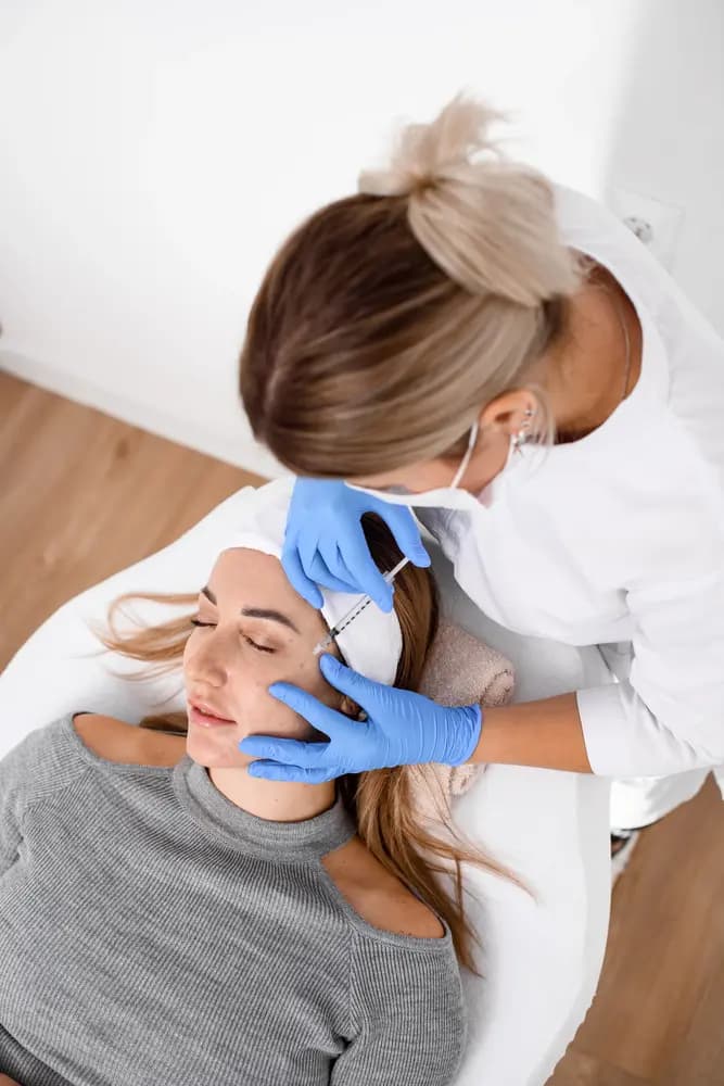 high angle view of cosmetologist accurate make botox injection
